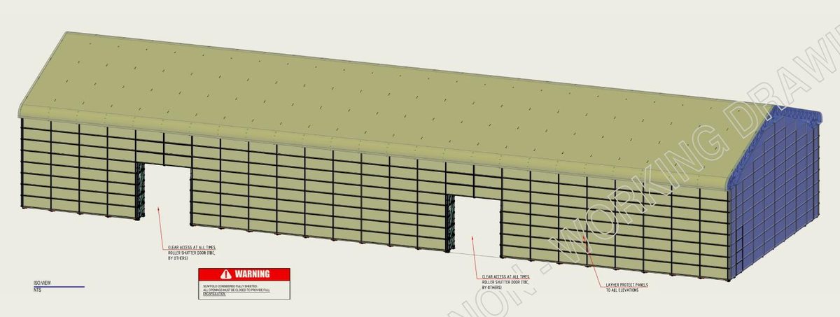 3D design model of a fully sheeted temporary roof enclosure
