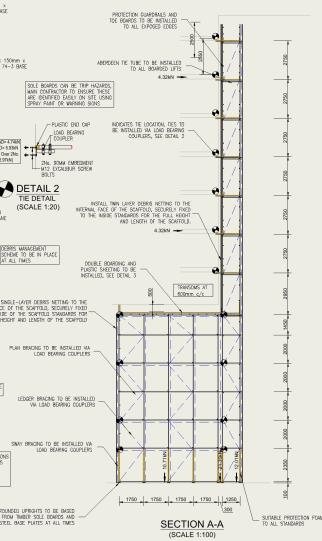 Design drawing of a tied, netted scaffold above an existing gantry